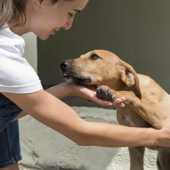 rescue-dog-enjoying-being-pet-by-woman-shelter